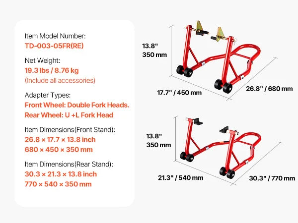 Motorcycle Stand Lift Combo Set - Support Up to 850lbs for Front & Rear Wheels