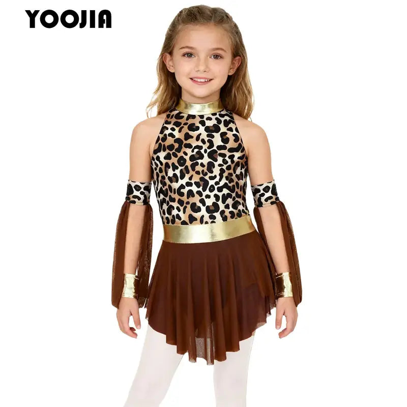 Kids Girl Halloween Leopard Costume Dress with Oversleeves - Prehistoric Theme