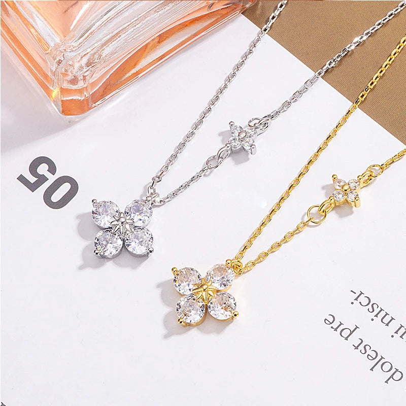925 Silver Plated Lucky CZ Necklace for Women Dainty Clover Pendant Jewelry