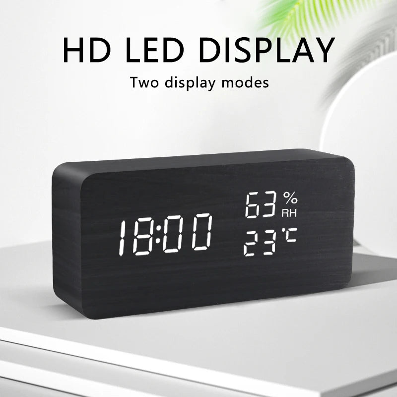 Wooden LED Alarm Clock with Voice Control and Digital Display - USB & Battery Powered