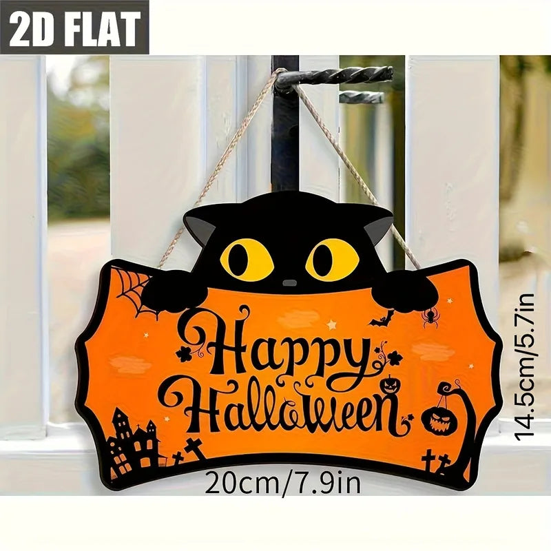 Halloween Wooden Hanging Sign Black Cat Pumpkin Bat Spider Door Decor for Porch