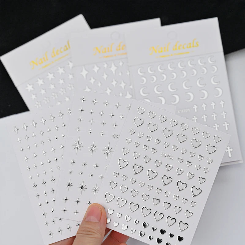 Silver Metallic Nail Stickers Set - 6 Sheets 3D Star Heart Chain Decals