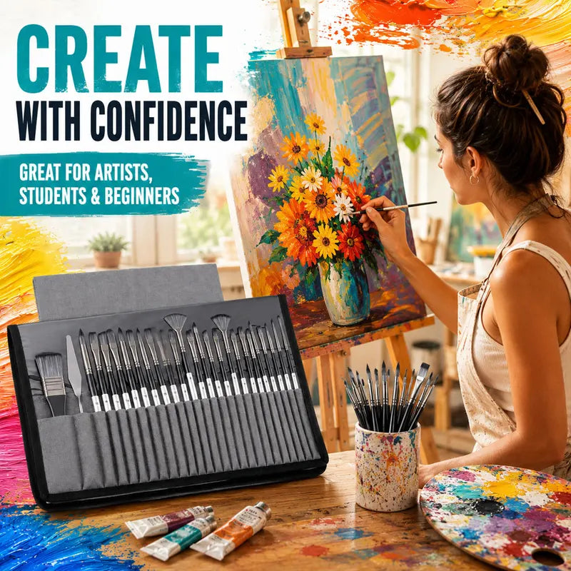 24-Piece Artist Paint Brush Set with Synthetic Brushes, Palette Knife & Storage Case for Acrylic Watercolor Oil & DIY Crafts