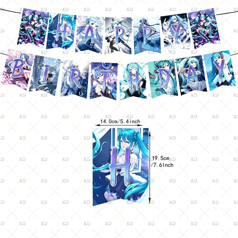 Cartoon Hatsune Miku Birthday Party Decoration Banner Balloon Set Cake Toppers Background Kid Gift