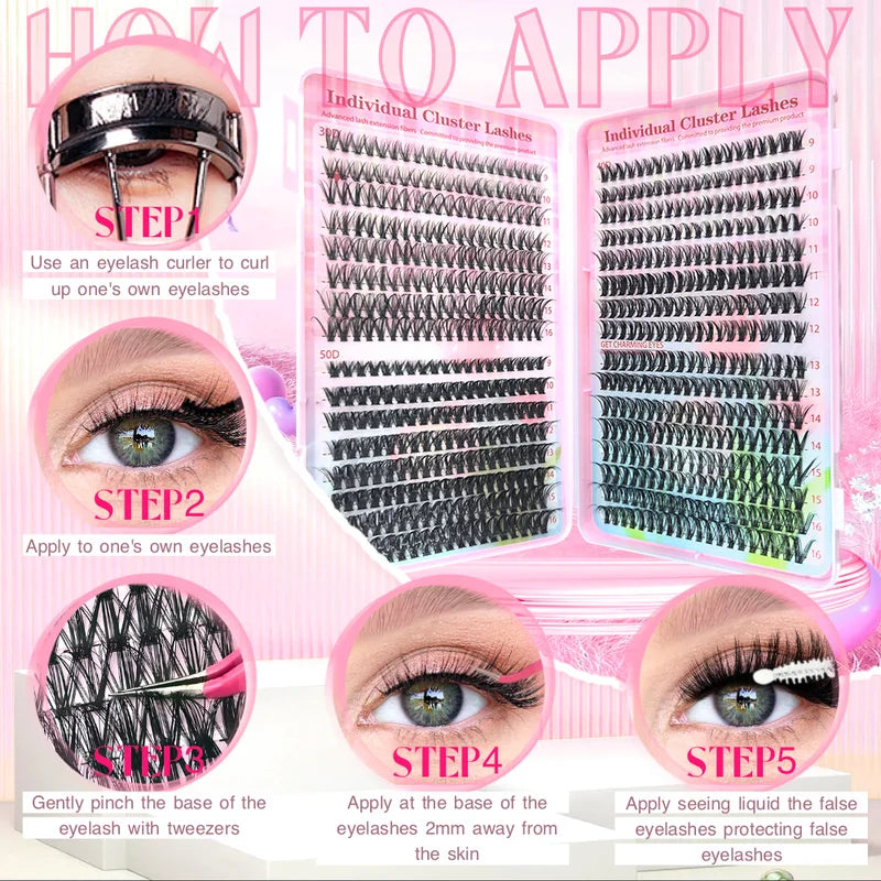 D Curl Lash Extension Kit with Mixed Length Individual Lashes 9-16mm - Lash Clusters & Applicators