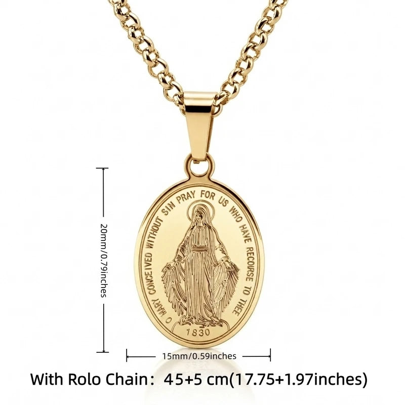 Mini Catholic Our Lady of Miraculous Medal Necklace - Stainless Steel Virgin Mary Pendant, Protection Amulet