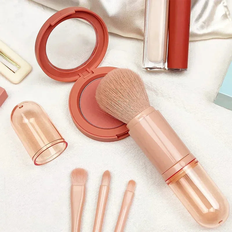 Portable 4-in-1 Travel Makeup Brush Set with Retractable Kabuki and Small Eye Brushes