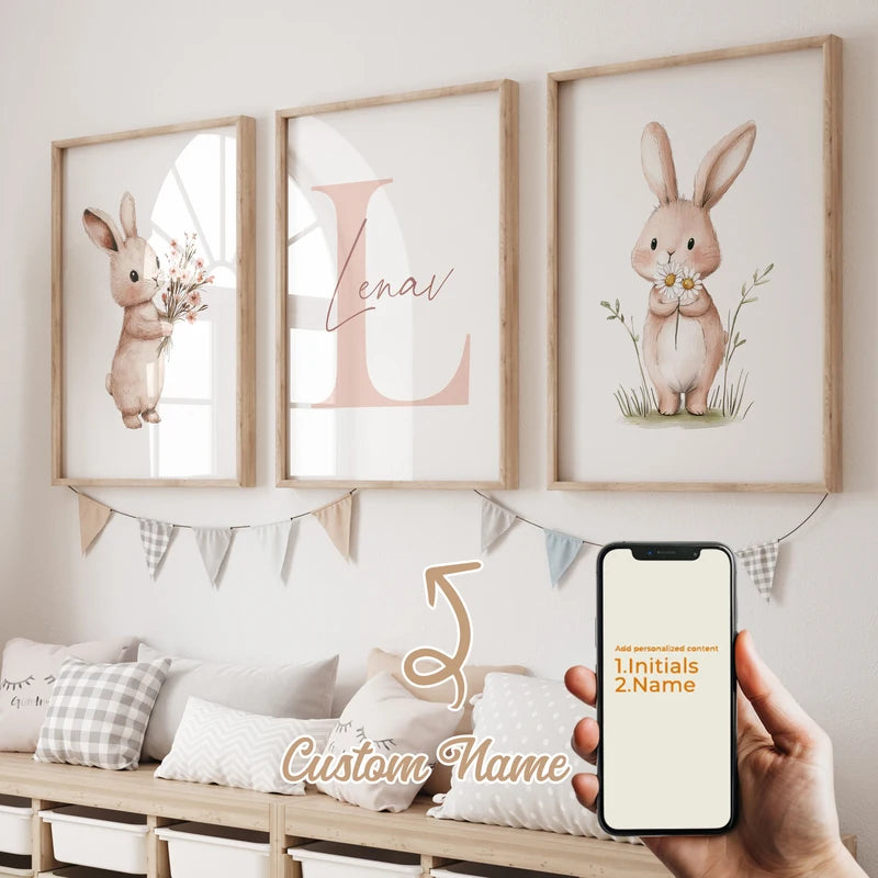 Personalized Cartoon Rabbit Wall Art Canvas Poster for Kids Room Decor