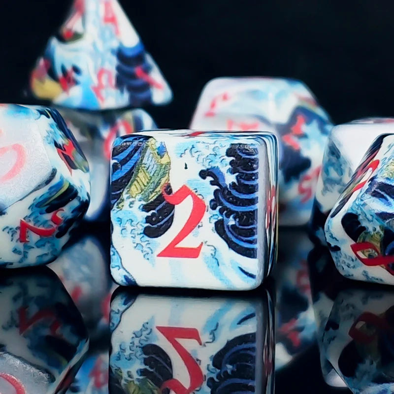 Colorful 7-Piece Wave Print Dice Set for DND RPG Board Games