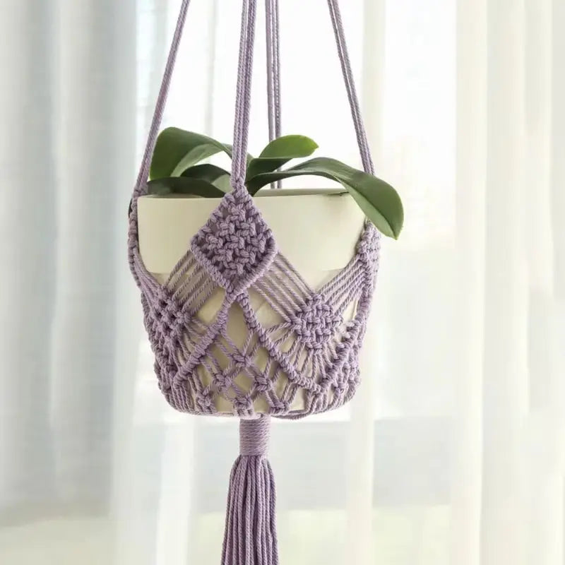 Boho Cotton Rope Plant Hanger with Net Pouch for Indoor Outdoor Gardens