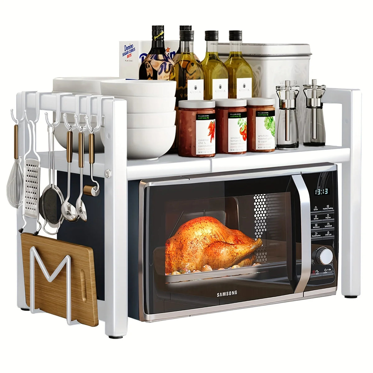 Expandable Microwave Shelf with Hooks, Space-Saving Kitchen Storage Rack 40-64cm