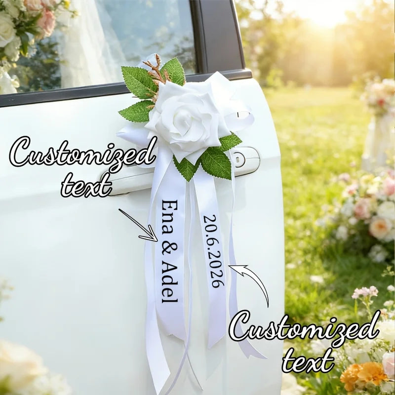 Wedding Car Door Decorations White Rose Bow Ribbon Customizable Vehicle Ornament