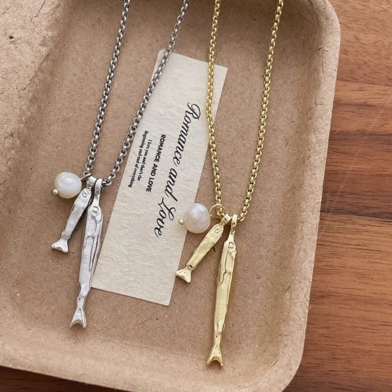 Charm Metallic Fish Pendant Necklace for Women with Pearl Accent, Gold & Silver Options