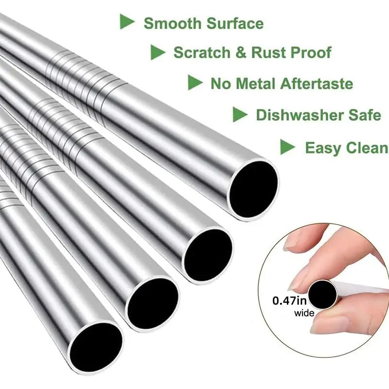 Reusable Stainless Steel Bubble Tea & Milkshake Straws with Cleaning Brush - Extra Wide 12mm Diameter