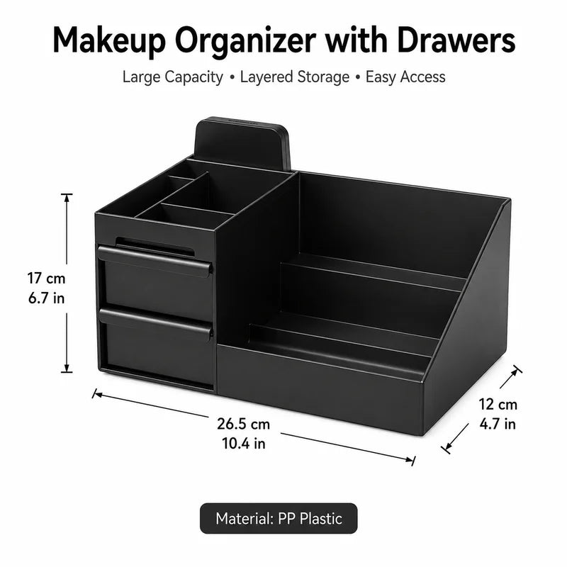 Desktop Makeup Organizer with Drawers - Black Cosmetic Storage Box for Vanity