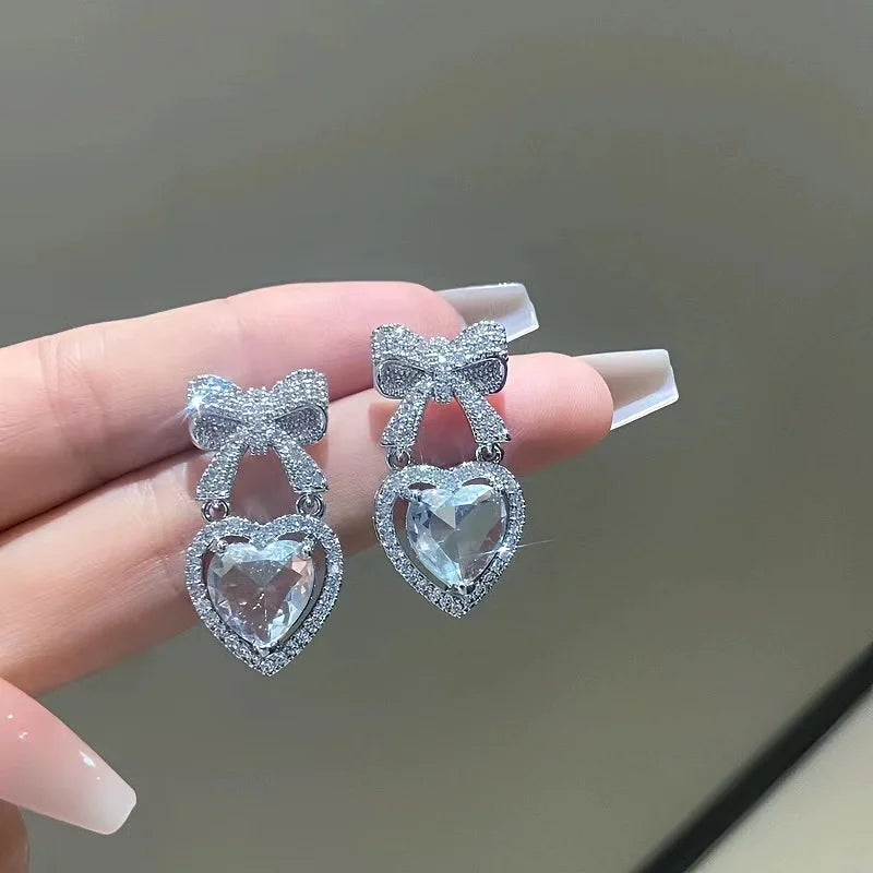 Pink Heart Shape Bowknot Stud Earrings with CZ Zircon for Women