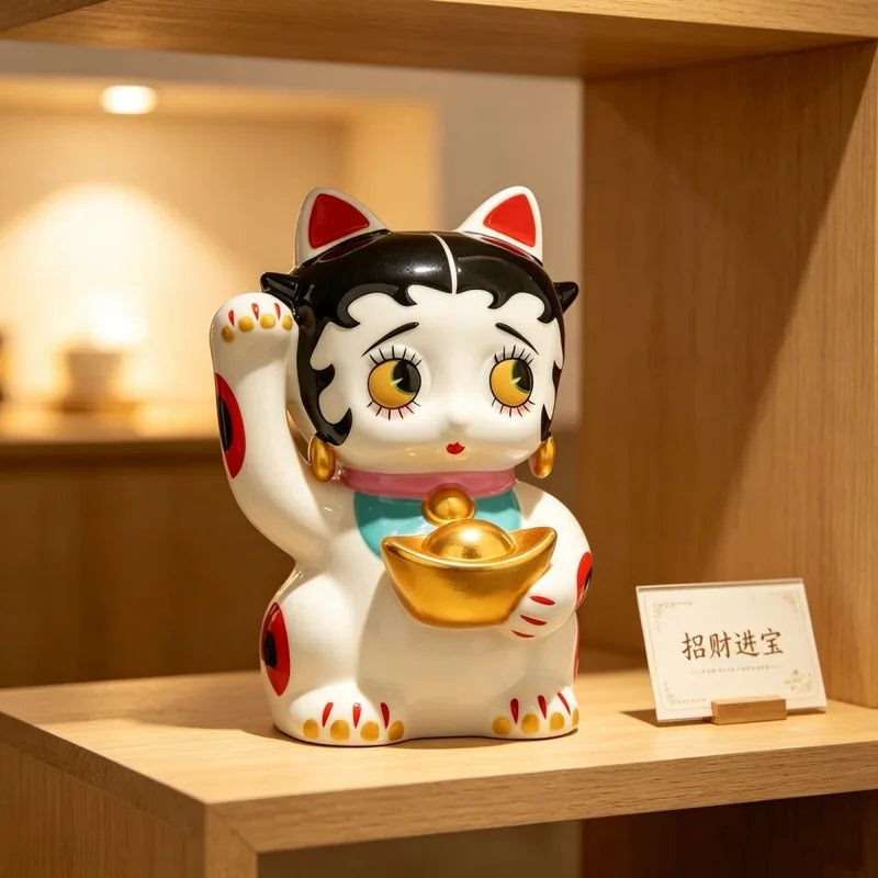 Lucky Cat Ornament Ceramic Statue Cute Cartoon Living Room Decor Gift