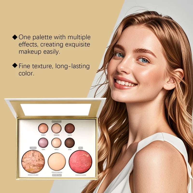 All-in-One Full Face Baked Makeup Palette with Brush - Travel-Ready, Versatile Colors