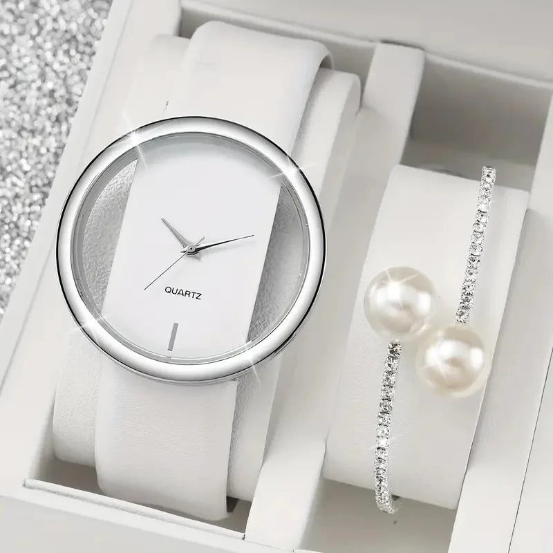 2PCS Women's White Pearl & Rhinestone Watch Bracelet Set - Quartz Jewelry