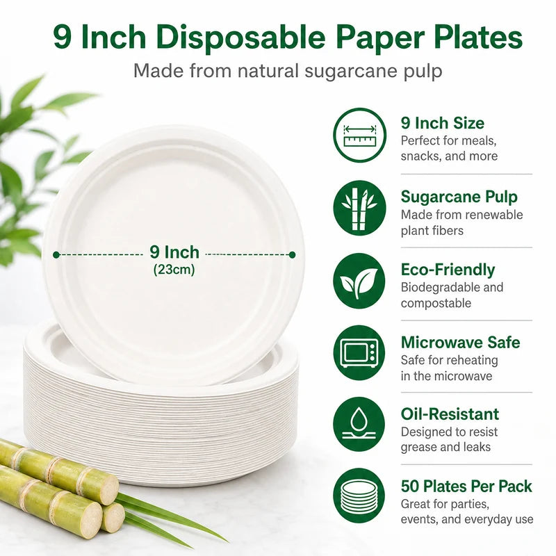 9 Inch Eco-Friendly Disposable Paper Plates - 50 Pack, Sugarcane, Biodegradable, Leak-Resistant for Parties & Meals
