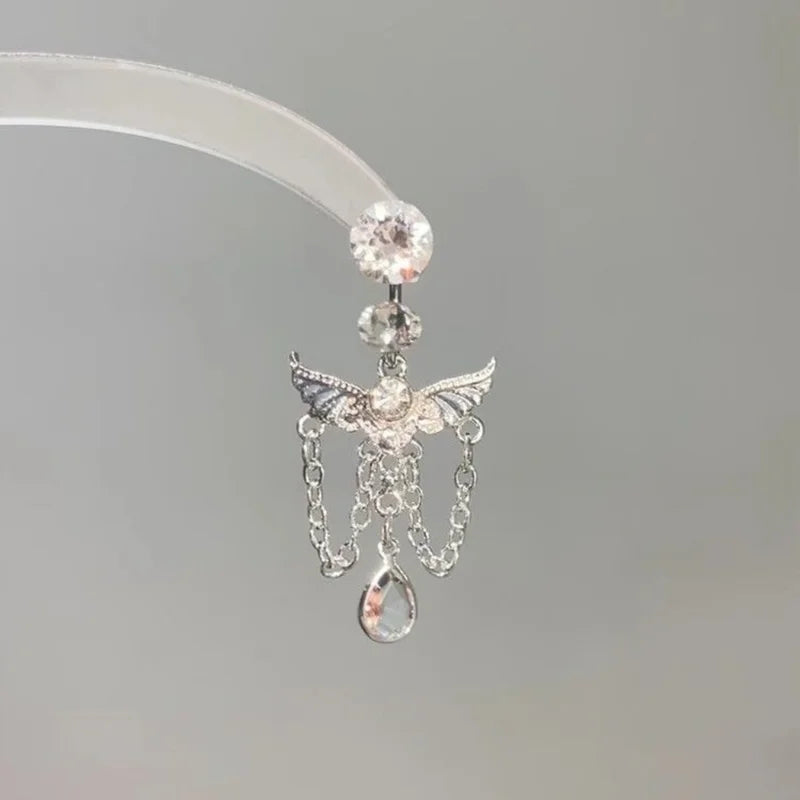 Angel Belly Button Ring with Butterfly Zircon Stainless Steel Navel Piercing for Women Body Jewelry