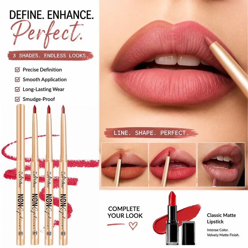 Lip Liner Pencil Set - Long Lasting Waterproof Smudge Proof Natural Finish 3 Colors