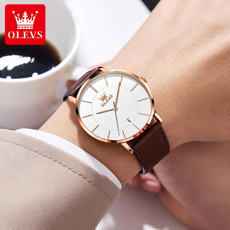 Men's Waterproof Leather Strap Watch with Auto Date - Ultra Thin Quartz