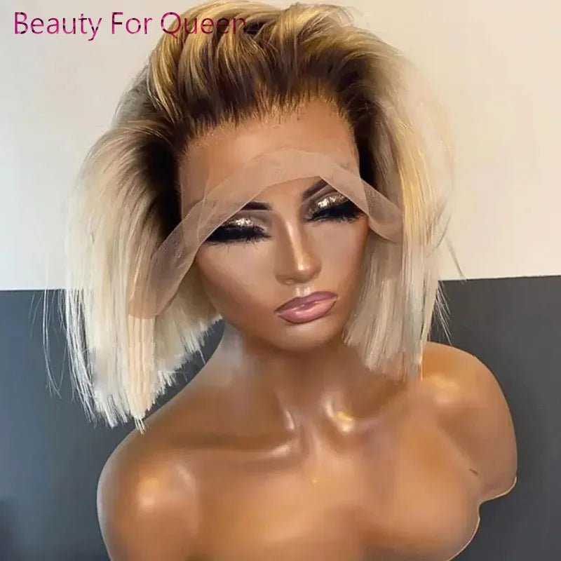 Ombre Blonde Short Bob Lace Front Human Hair Wig 180% Density for Women