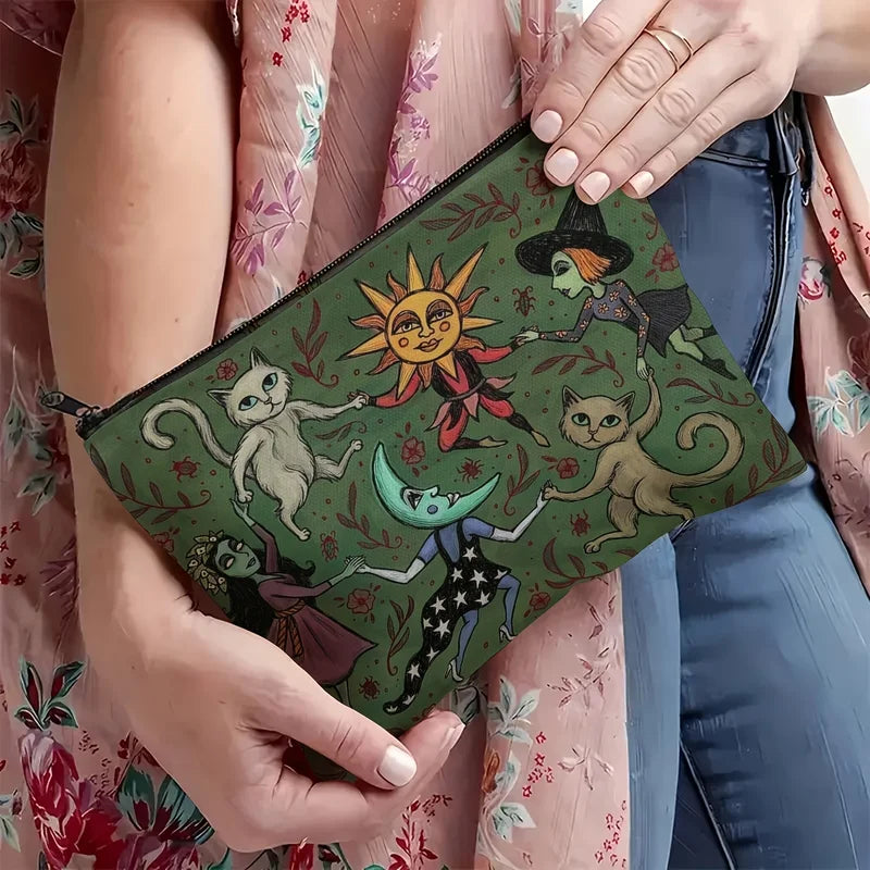 Whimsical Witch Cat and Moon Makeup Bag - Enchanted Forest Design