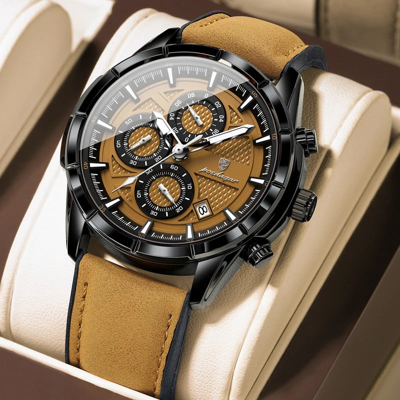 Men's Waterproof Luminous Quartz Chronograph Watch with Leather Strap