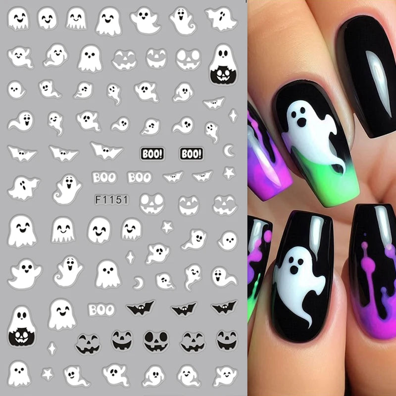 Glow-in-the-Dark Halloween Nail Stickers with Ghost and Pumpkin Designs - 2 Pieces
