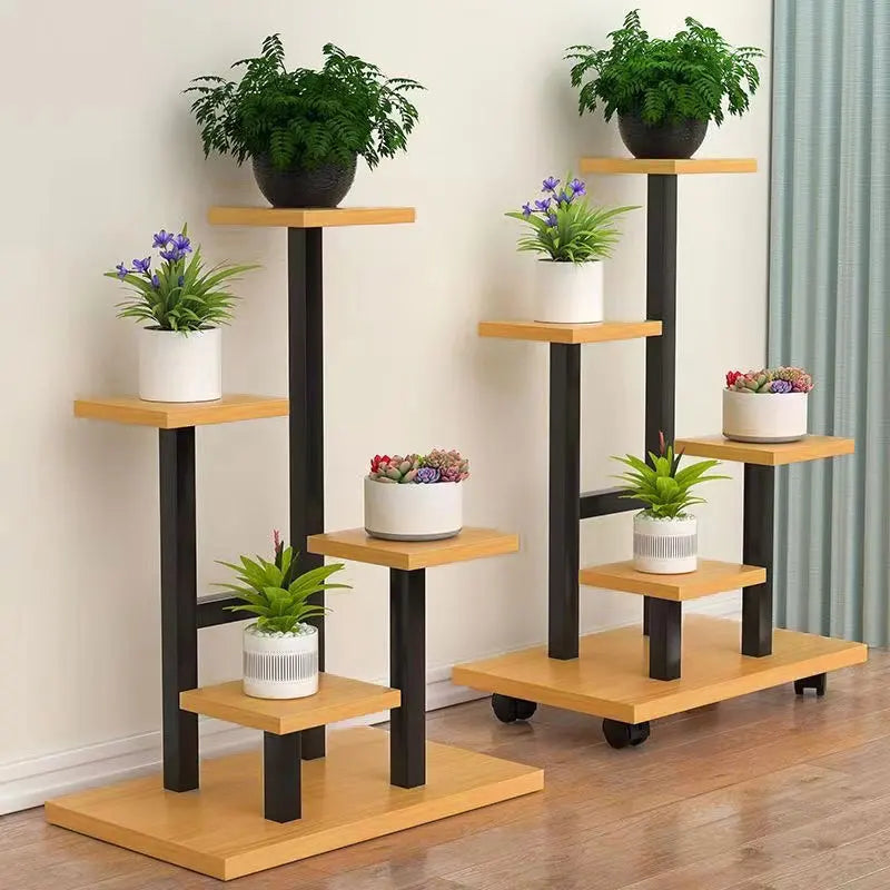 Heavy Duty Multi-Tier Iron Plant Stand with Wheels - Indoor & Outdoor Gardening