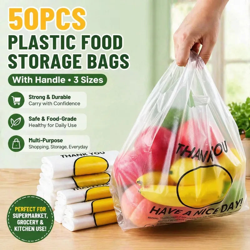 Plastic Food Storage Bags with Handles - Recyclable Grocery & Kitchen Organizer Set
