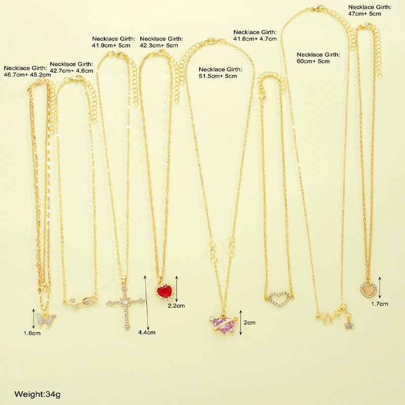 8-Piece Necklace Set for Women - Elegant Gold Tone Pendant Jewelry with Butterfly Heart Rose & Star Charms