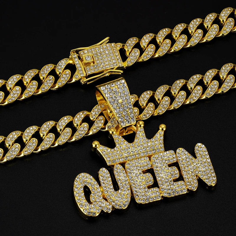 Men's Hip Hop Crown Pendant Necklace with QUEEN Letter Cuban Chain Bling Jewelry