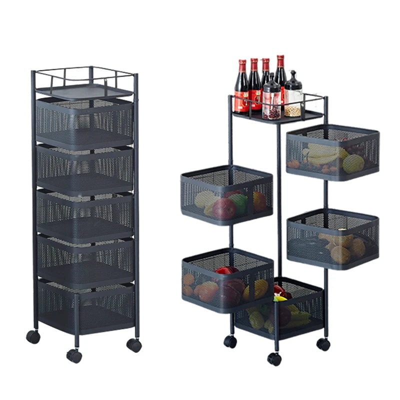 Rotating Kitchen Storage Rack - 5-Tier Multi-Layer Removable Basket Organizer on Rolling Wheels