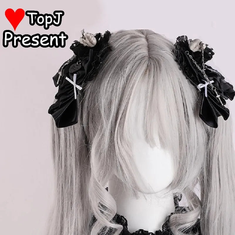 Gothic Lolita Punk Halloween Cosplay Hair Accessories Top Hat with Skull Bow Clips - Handmade