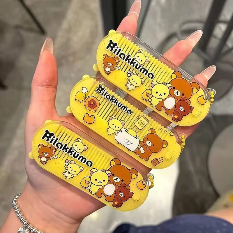 Cute Rilakkuma Folding Comb Mirror Set for Girls - Portable Hair Brush & Massage Tool