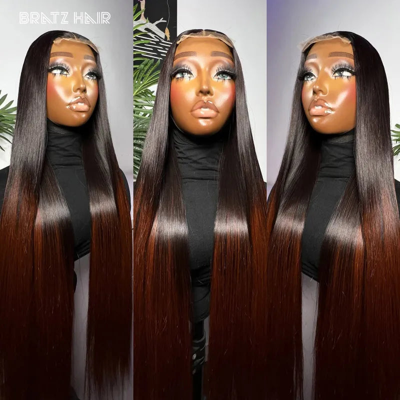 Human Hair Glueless Ombre Brown Straight Wig 13x4 HD Lace Frontal for Women
