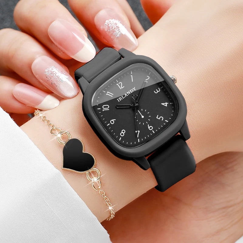 Fashion Square Women Quartz Watch with Heart Bracelet Set Silicone Strap, Arabic Dial
