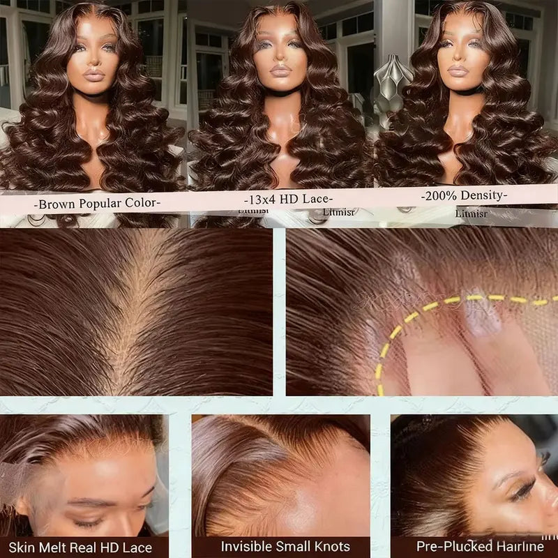 Deep Wave Chocolate Brown 13x4 HD Lace Front Wig 34 Inch Human Hair with 250% Density