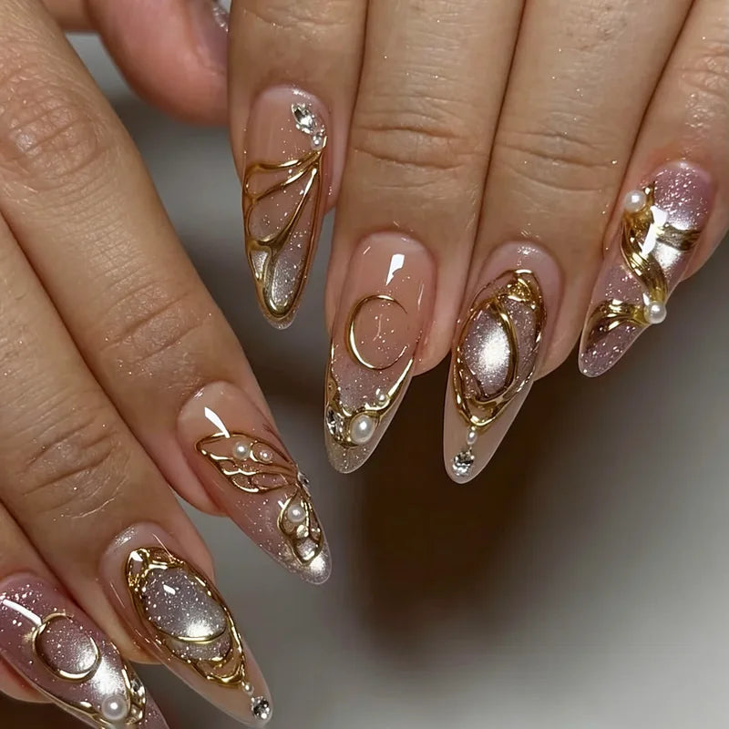 24Pcs Irregular Gilded False Nail Set with Pearl Glitter Almond Acrylic Tips