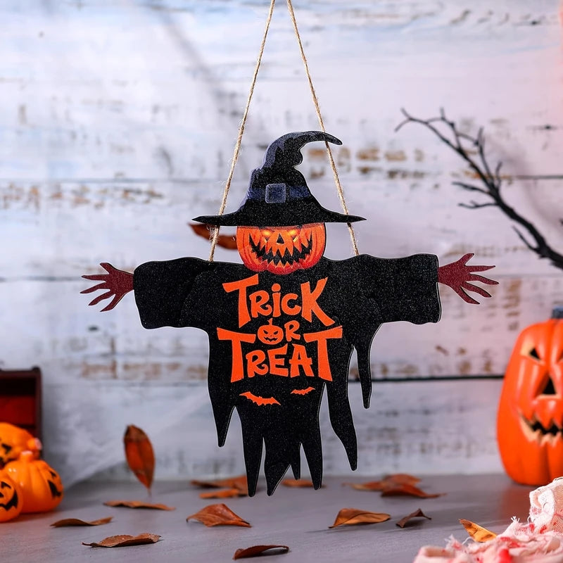 Halloween Pumpkin & Monster Face Wooden Sign Rope Hanger Porch Wall Decor