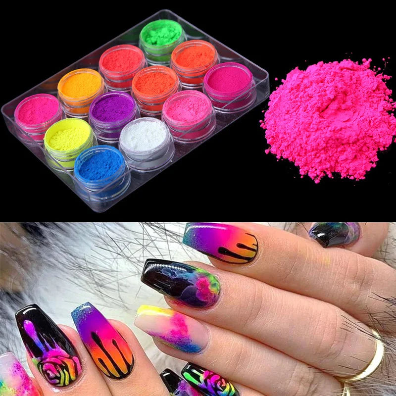 Neon Nail Art Powder Set 12 Pots Fluorescent Glitter for Manicure & Body