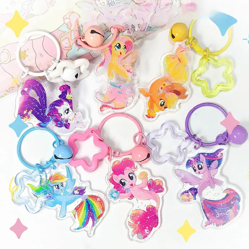 Anime My Little Pony Keychain Set - Kawaii Acrylic Fluttershy Twilight Rainbow Dash Pendant with Bell