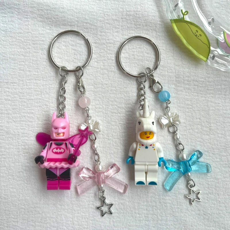 Cute Pink Fairy Batman Building Block Keychain Charms for Couples & Friends