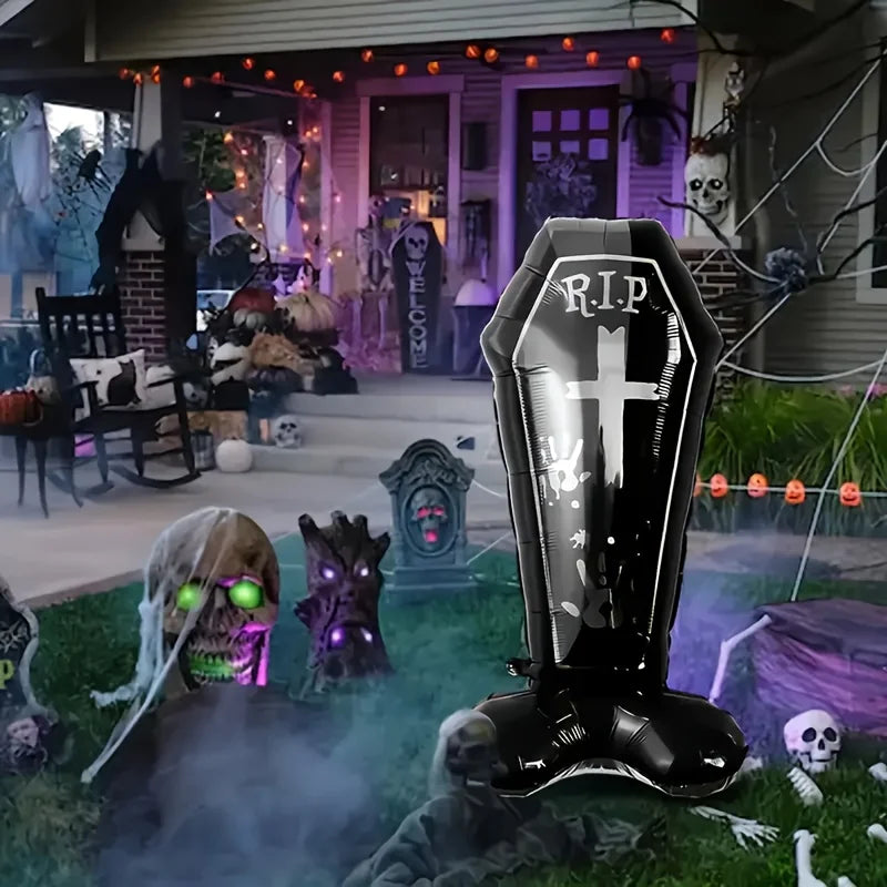 Black Coffin Balloon Halloween Party Decoration Cross Pattern Aluminum Film Balloon Indoor Outdoor