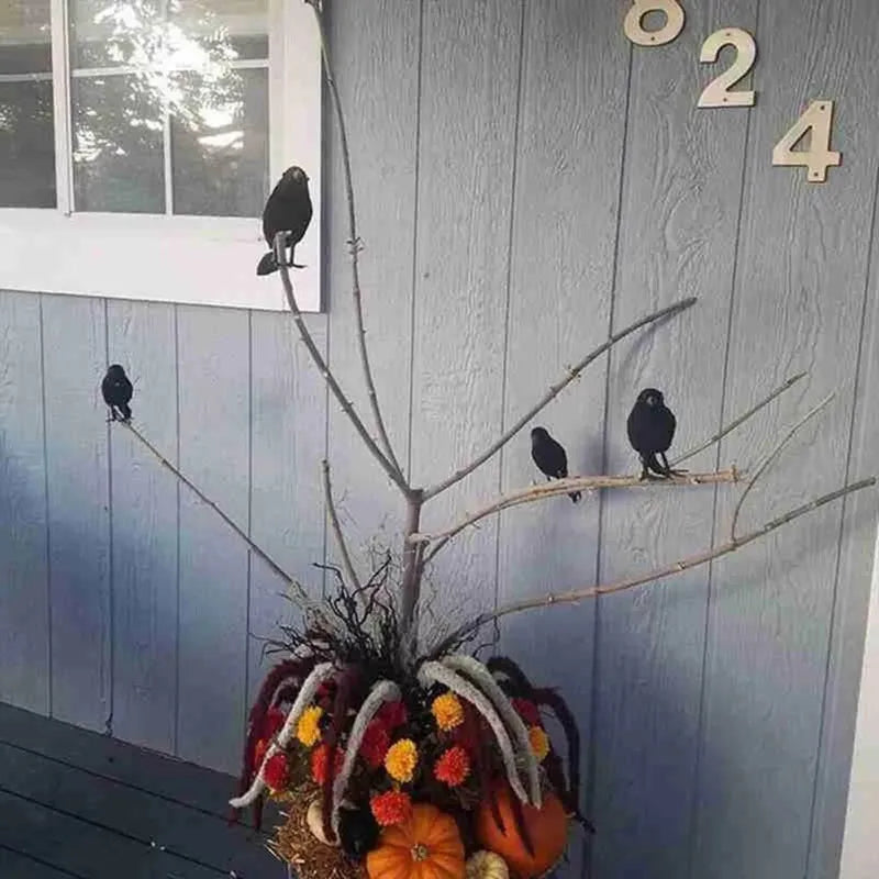 Lifelike Black Crow Halloween Decorations Set of 6 - Faux Feather Crows for Party & Garden