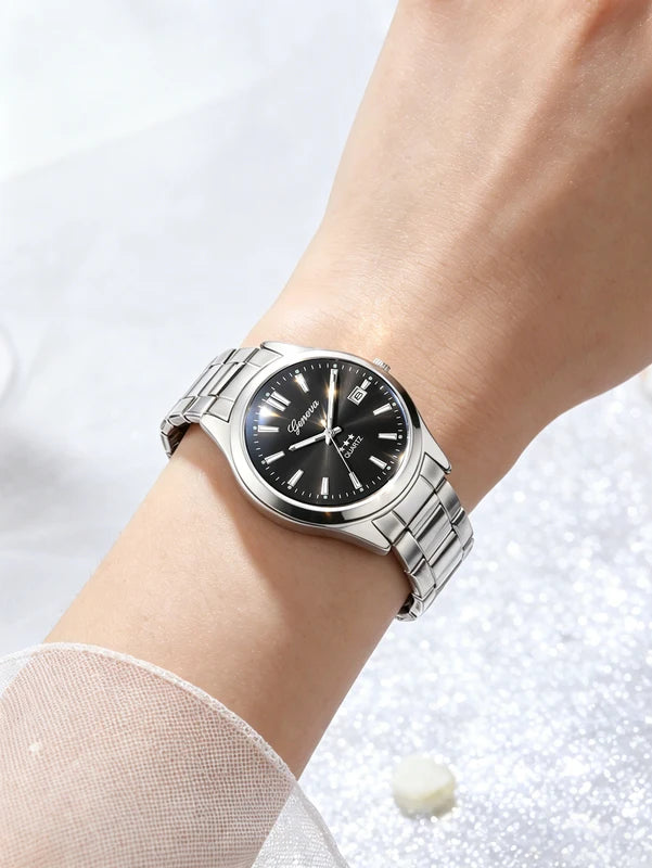 Ladies Quartz Watch with Steel Band, Calendar, Minimalist Design - Daily Fashion Accessory