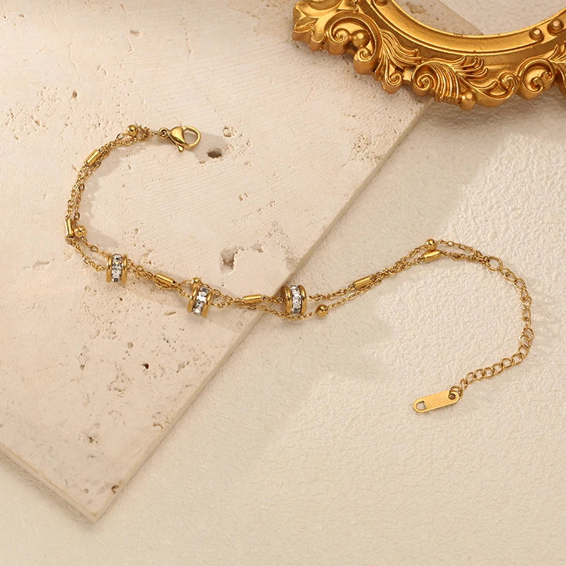 Women's Beaded Zircon Bracelet with 18K Gold PVD Plating - Elegant Jewelry